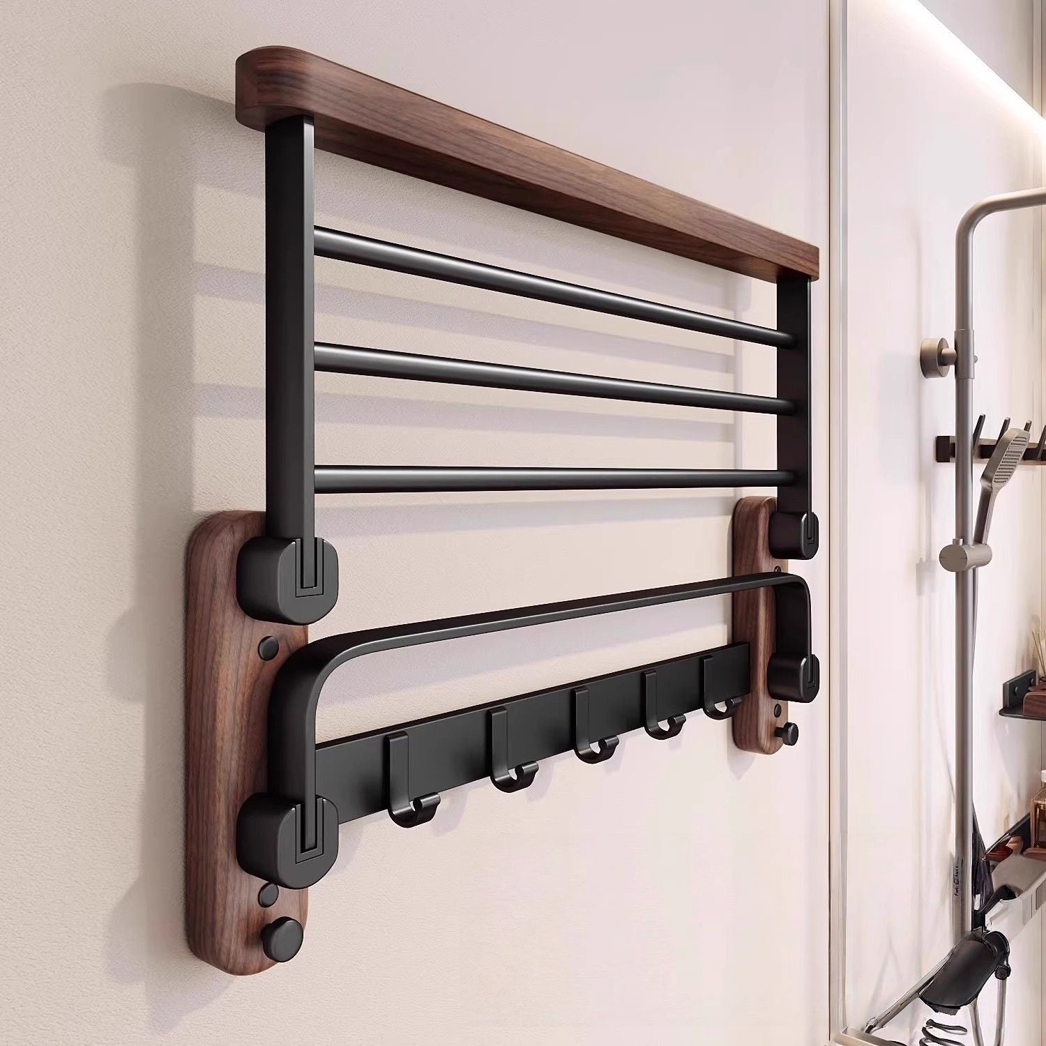 Multifunktionell handdukshylla i valnöt och metall (borrfri)