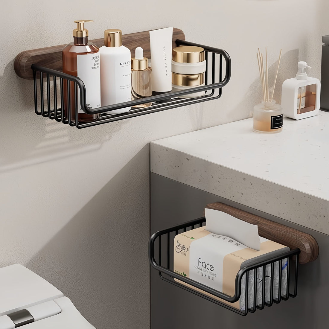 Vägghängd Badrumshylla & Toalettpappershållare i Valnöt