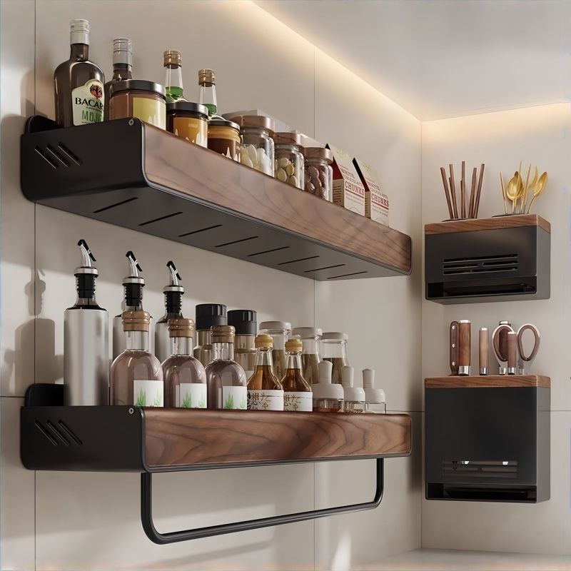 Vägghängd kryddhylla i valnöt och kolstål (borrfri)