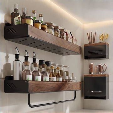 Vägghängd kryddhylla i valnöt och kolstål (borrfri)