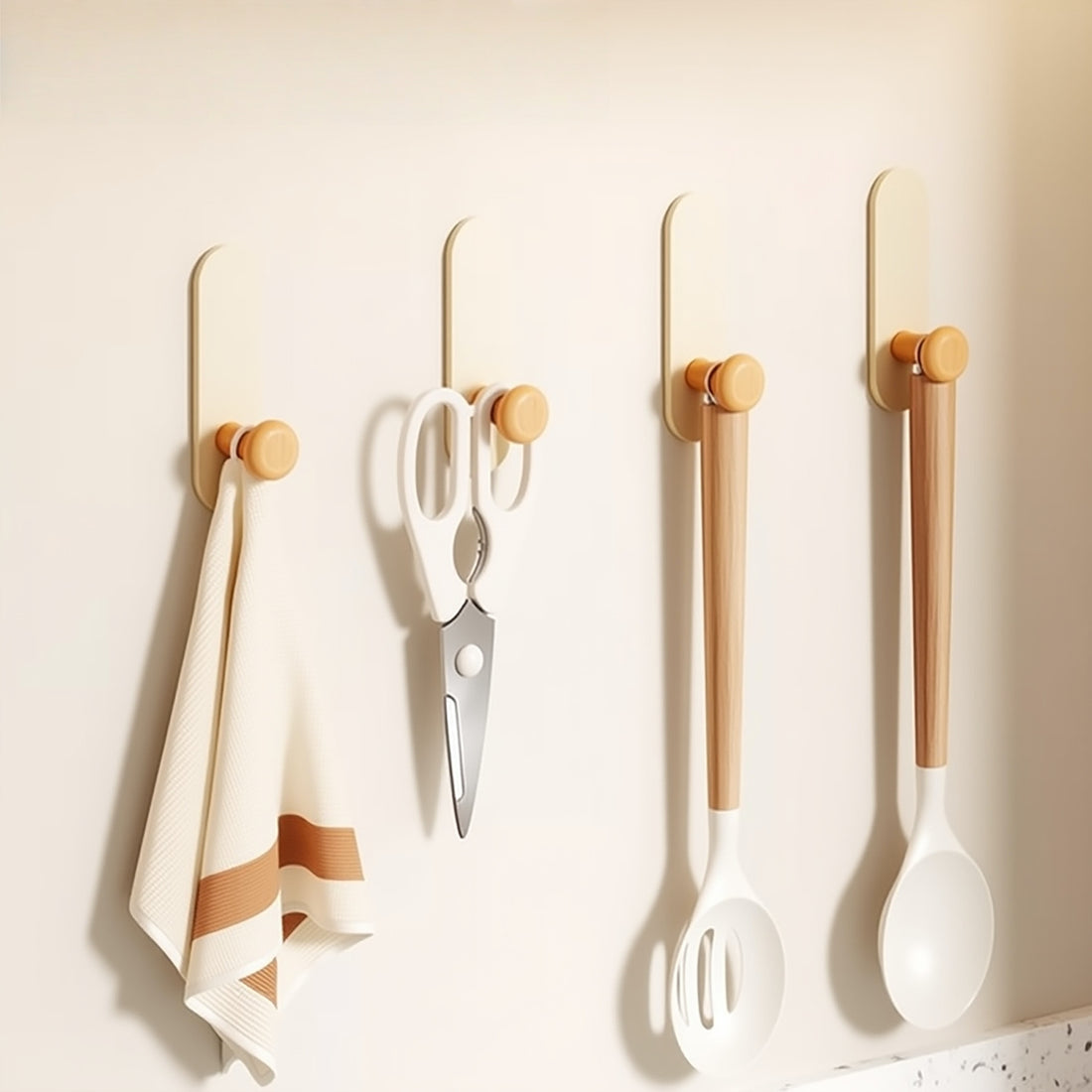 Mångsidig Vägghängd Krok med Träknopp – Fästs Utan Borrhål