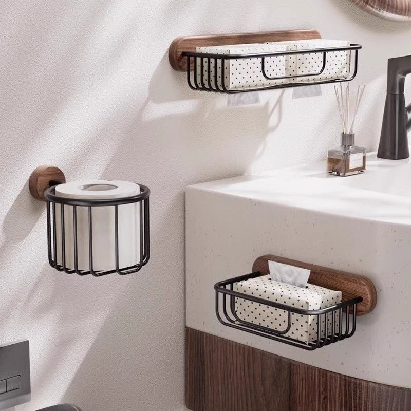 Vägghängd Toalettpappershållare & Badrumshylla i Äkta Trä