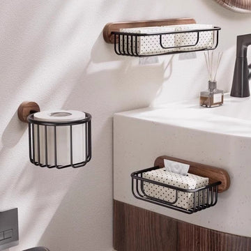 Vägghängd Toalettpappershållare & Badrumshylla i Äkta Trä