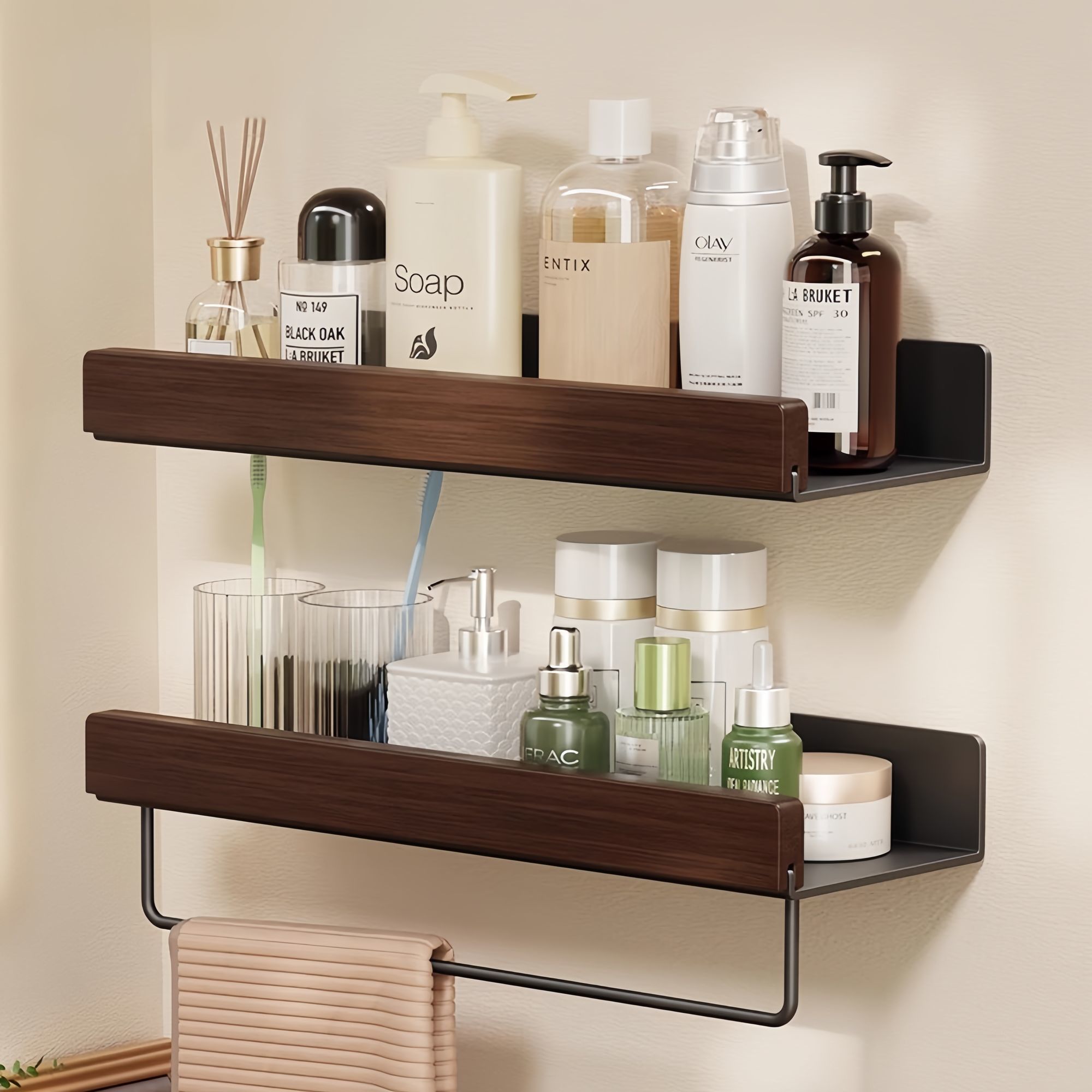 Vägghylla i valnöt och metall (borrfri)Svart