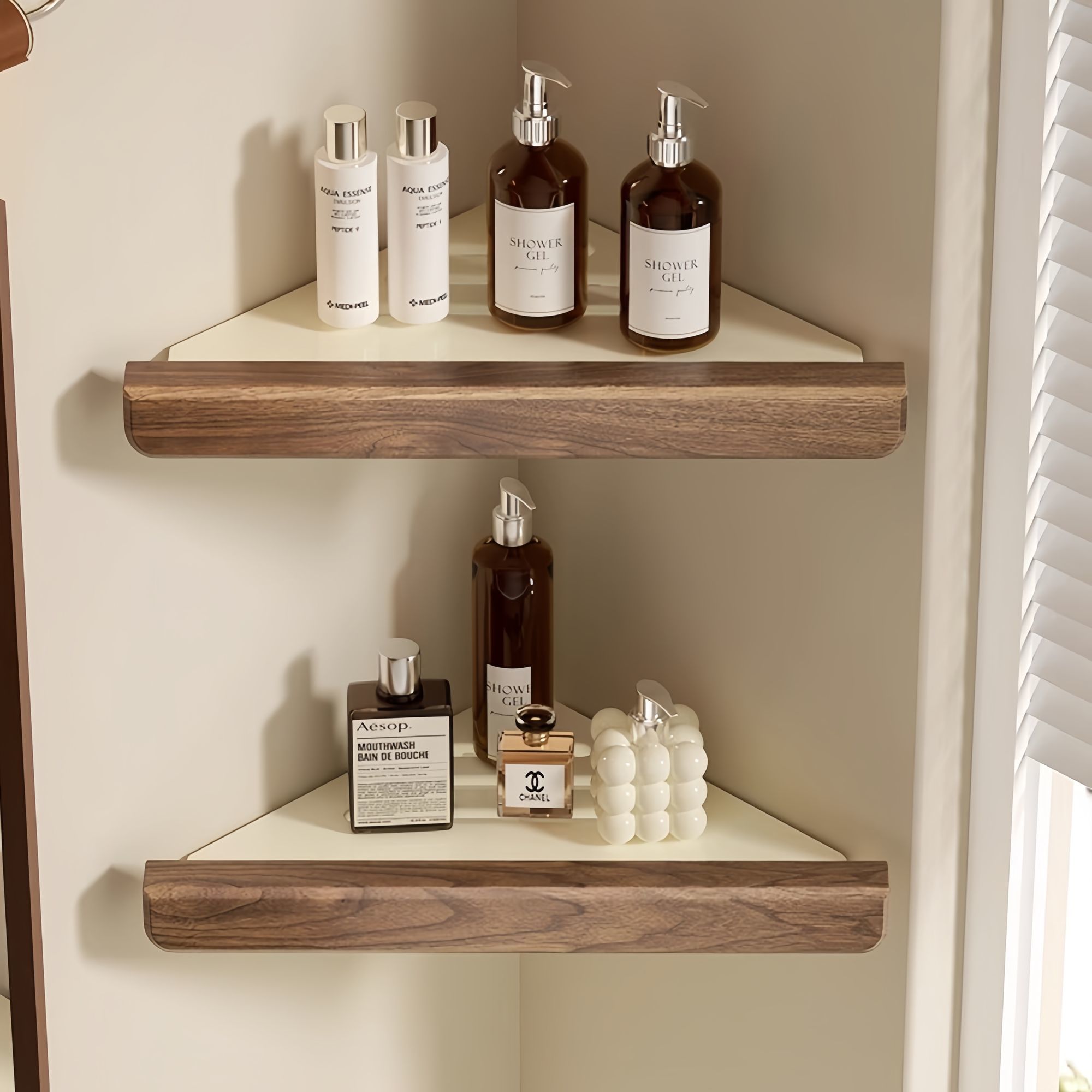 Modern hörnhylla i trä och aluminium (borrfri)