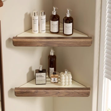 Modern hörnhylla i trä och aluminium (borrfri)