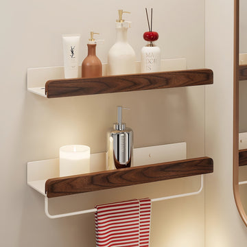 Vägghylla i valnöt och vit metall (borrfri)