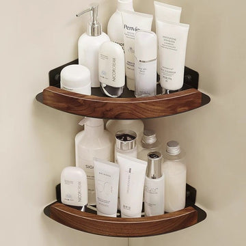 Exklusiv hörnhylla med valnötsdetaljer (borrfri)