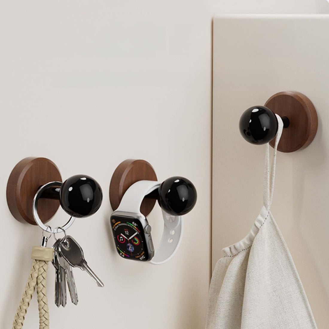 Valnötsfärgade Träkrokar | Hålfria Installation, Stark Bärkapacitet för Hem och Badrum