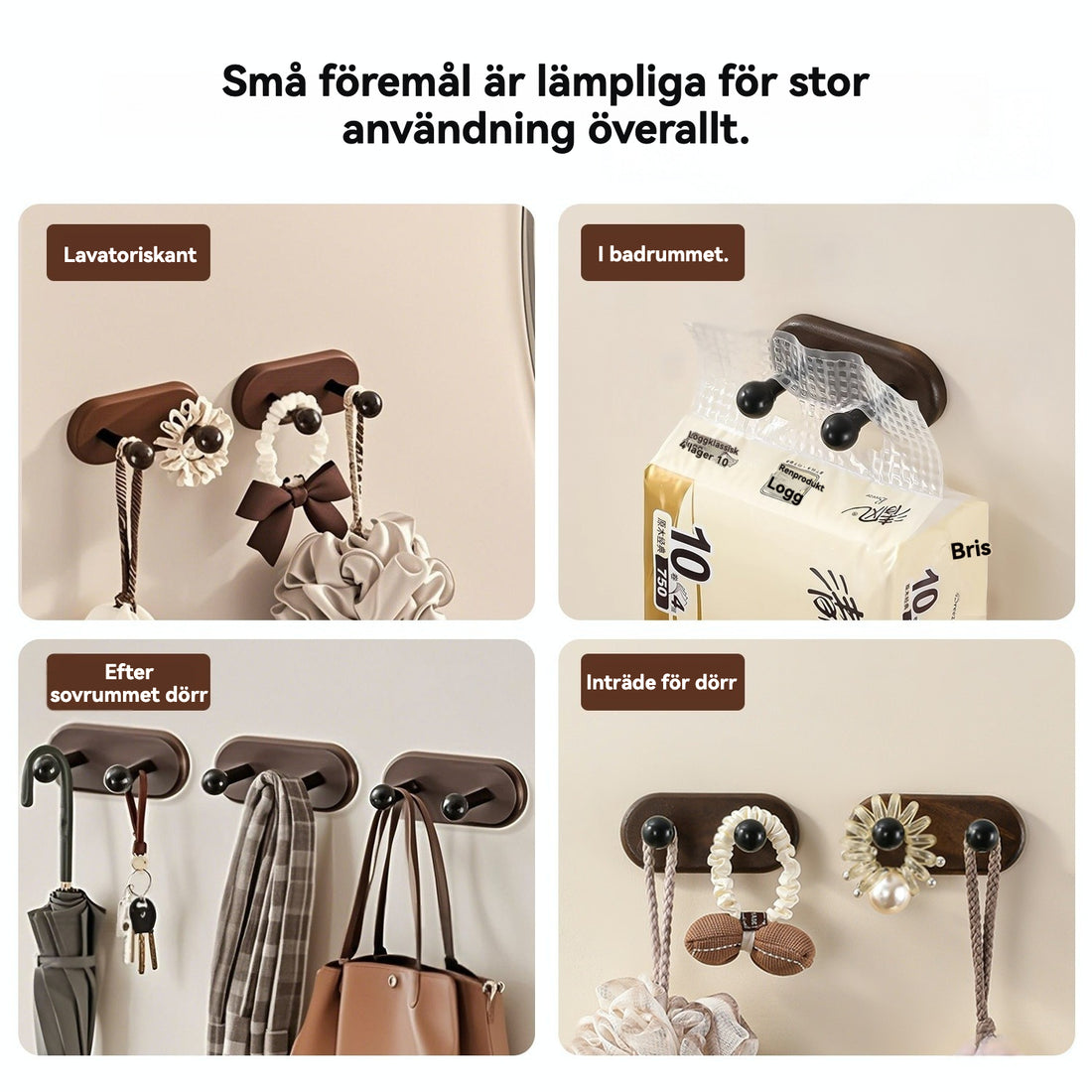 Dubbel Vägghängd Krok i Valnötsträ – Elegant Förvaring utan Borrhål