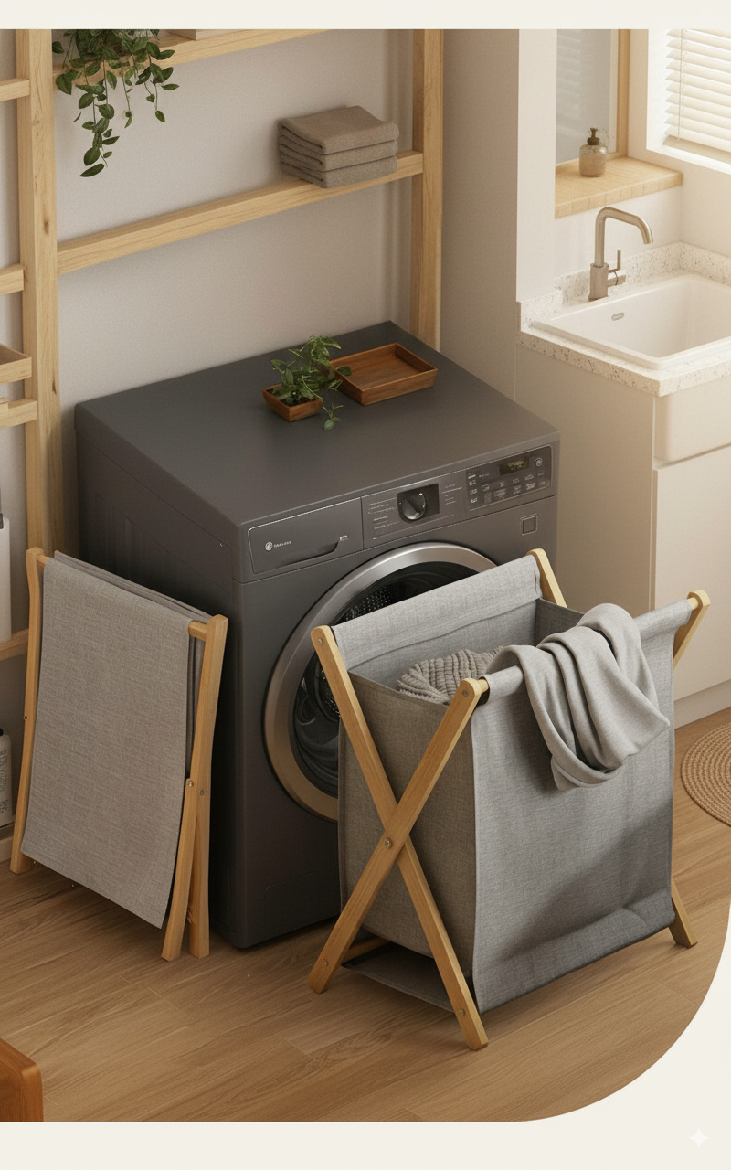Hopfällbar tvätt- och förvaringskorg i bambu och linne