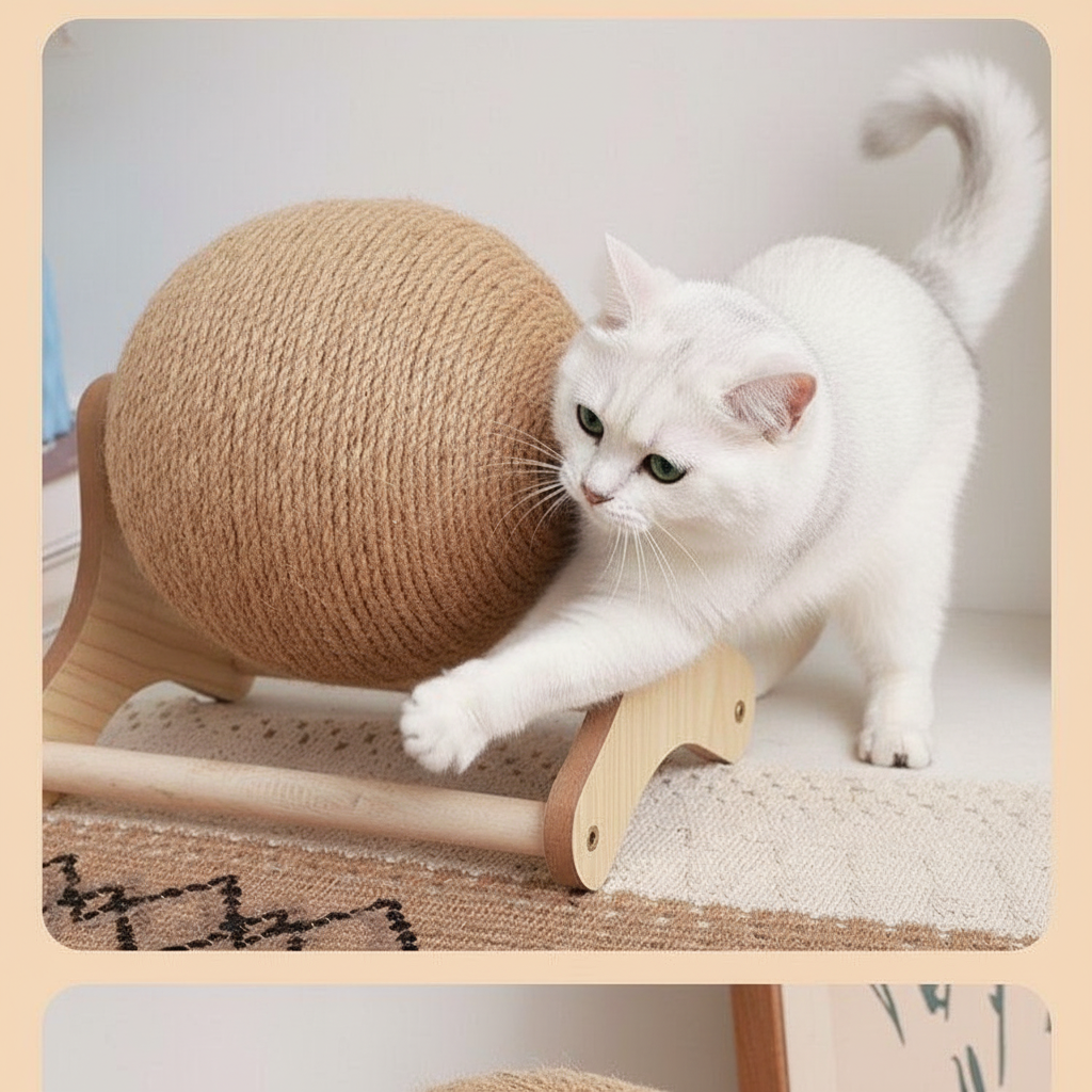 Kattleksak Klösboll – Sisal Repboll med Träställ, Hållbar Klösleksak för Katter