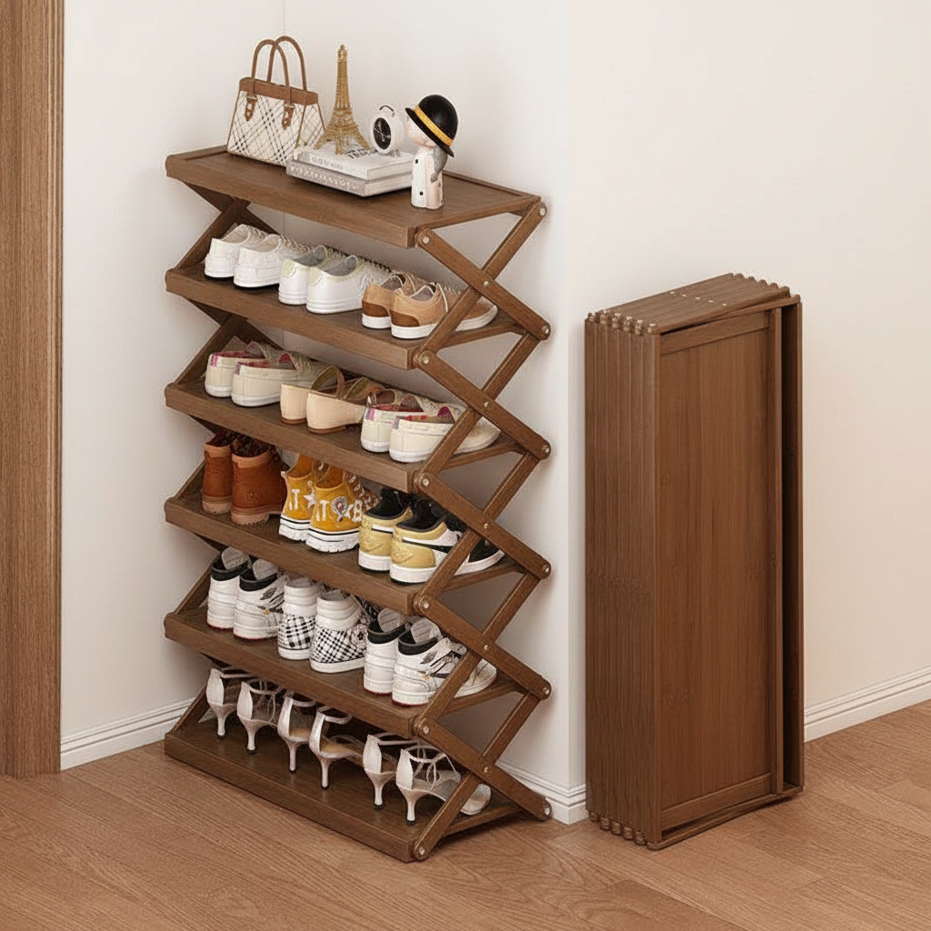 Hopfällbar skohylla i bambu – ingen montering behövs