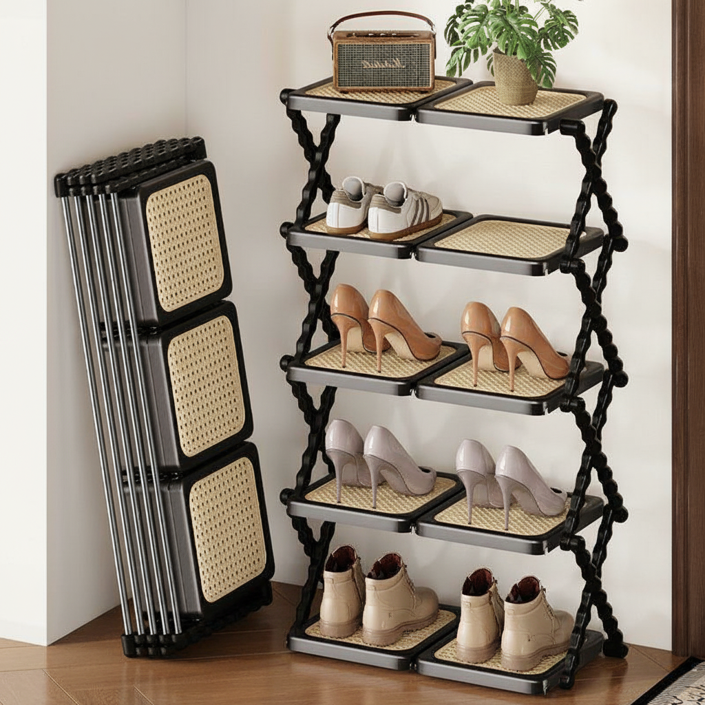 Retro hopfällbart skoskåp med rottingdesign – Stilfull &amp; praktisk förvaring