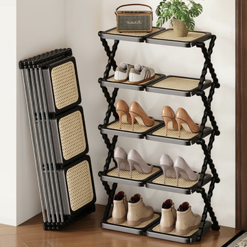 Retro hopfällbart skoskåp med rottingdesign – Stilfull &amp; praktisk förvaring