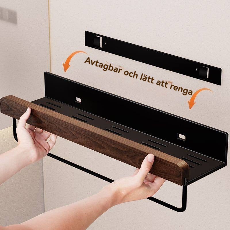 Vägghylla i valnöt och metall (borrfri)Svart