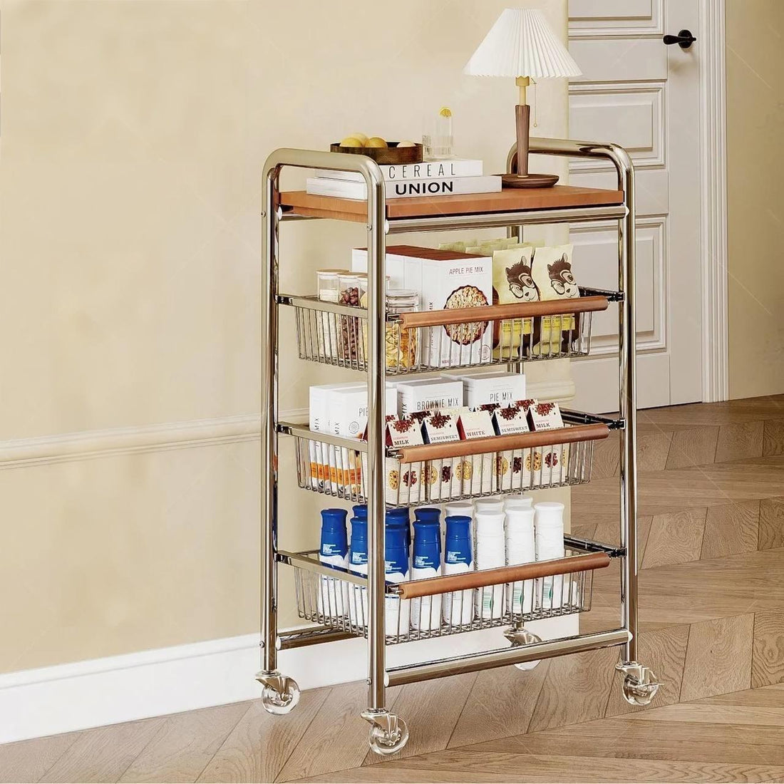 Flerlagrad förvaringsvagn med kristallhjul