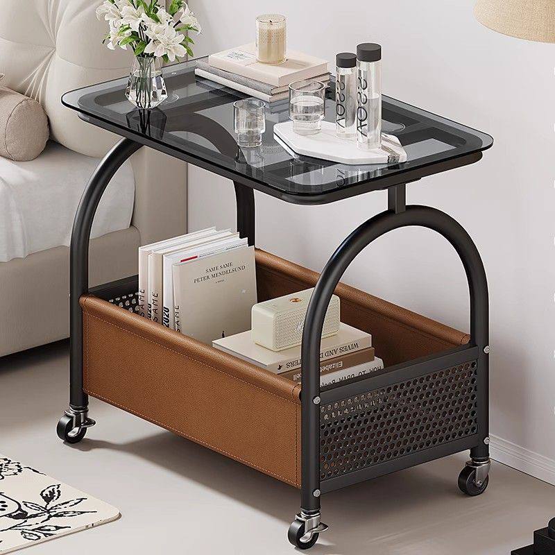 Flyttbart Förvaringsbord med Härdat Glas &amp; Läderkorg