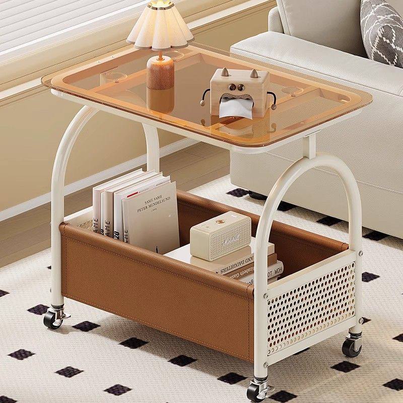 Flyttbart Förvaringsbord med Härdat Glas &amp; Läderkorg